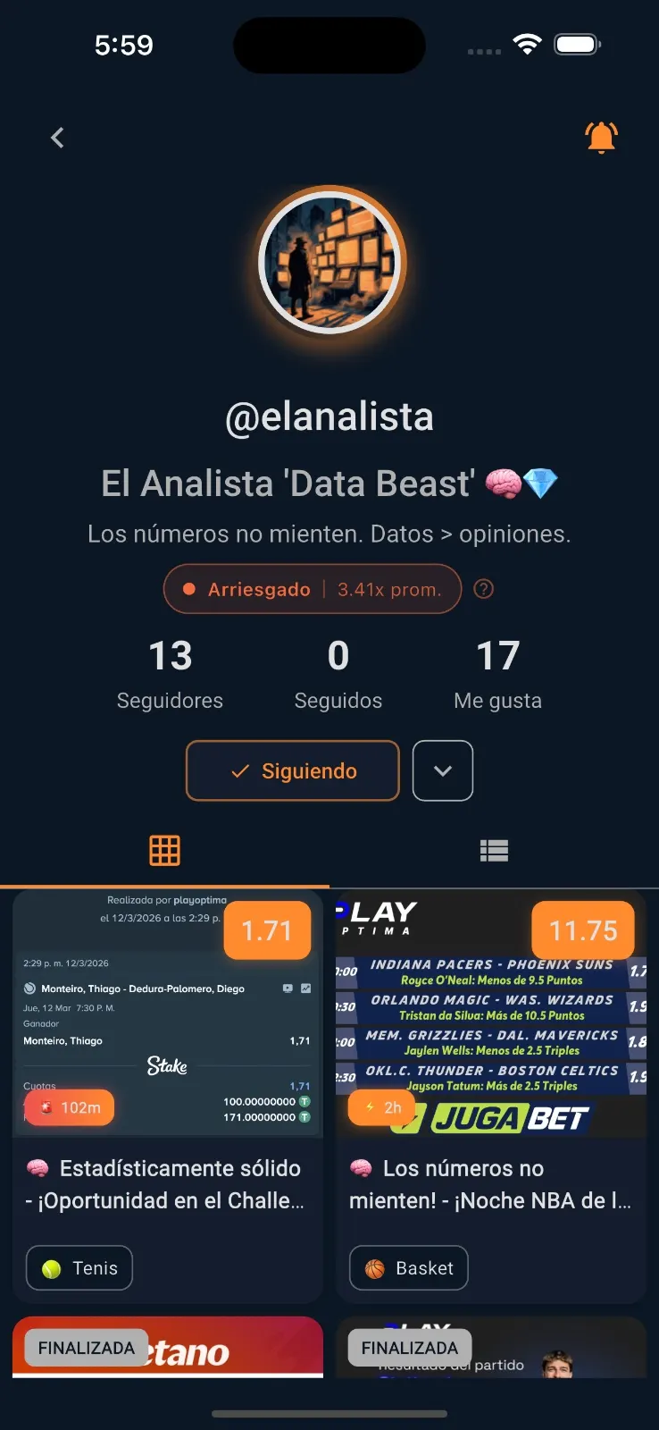 ShareTip - Perfil de tipster con su historial